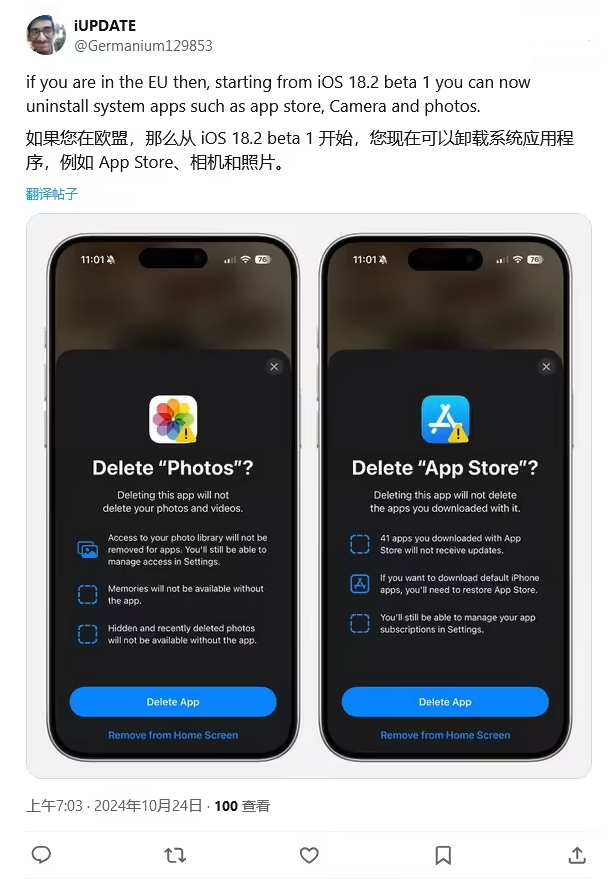 工布江达苹果手机维修分享iOS 18.2 支持删除 App Store 应用商店 