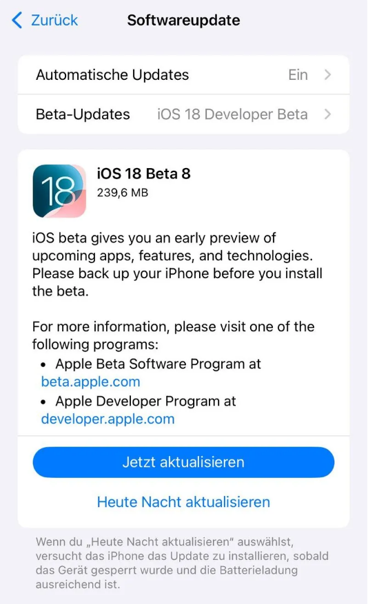 工布江达苹果手机维修分享苹果 iOS / iPadOS 18 开发者预览版 Beta 8 发布 